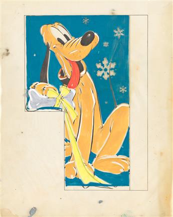 (WALT DISNEY STUDIOS / HANK PORTER / ANIMATION) Two Christmas-themed illustrations of Pluto and Goofy.